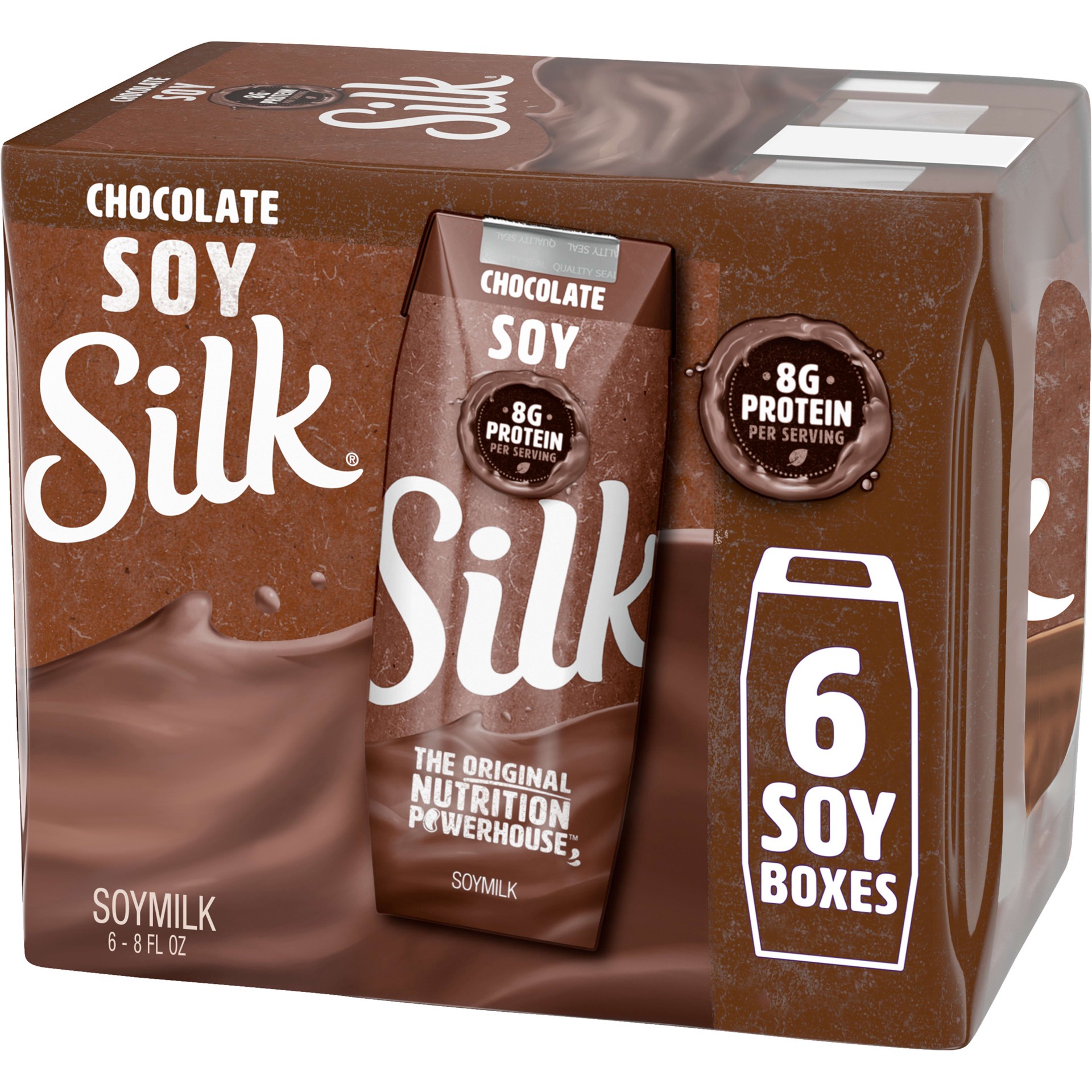 slide 1 of 5, Silk Soy Milk, Chocolate, Shelf Stable, Dairy Free, Lactose Free, Vegan Milk with 8g Protein per Serving, 8 FL OZ Carton, 6 Ct, 8 fl oz