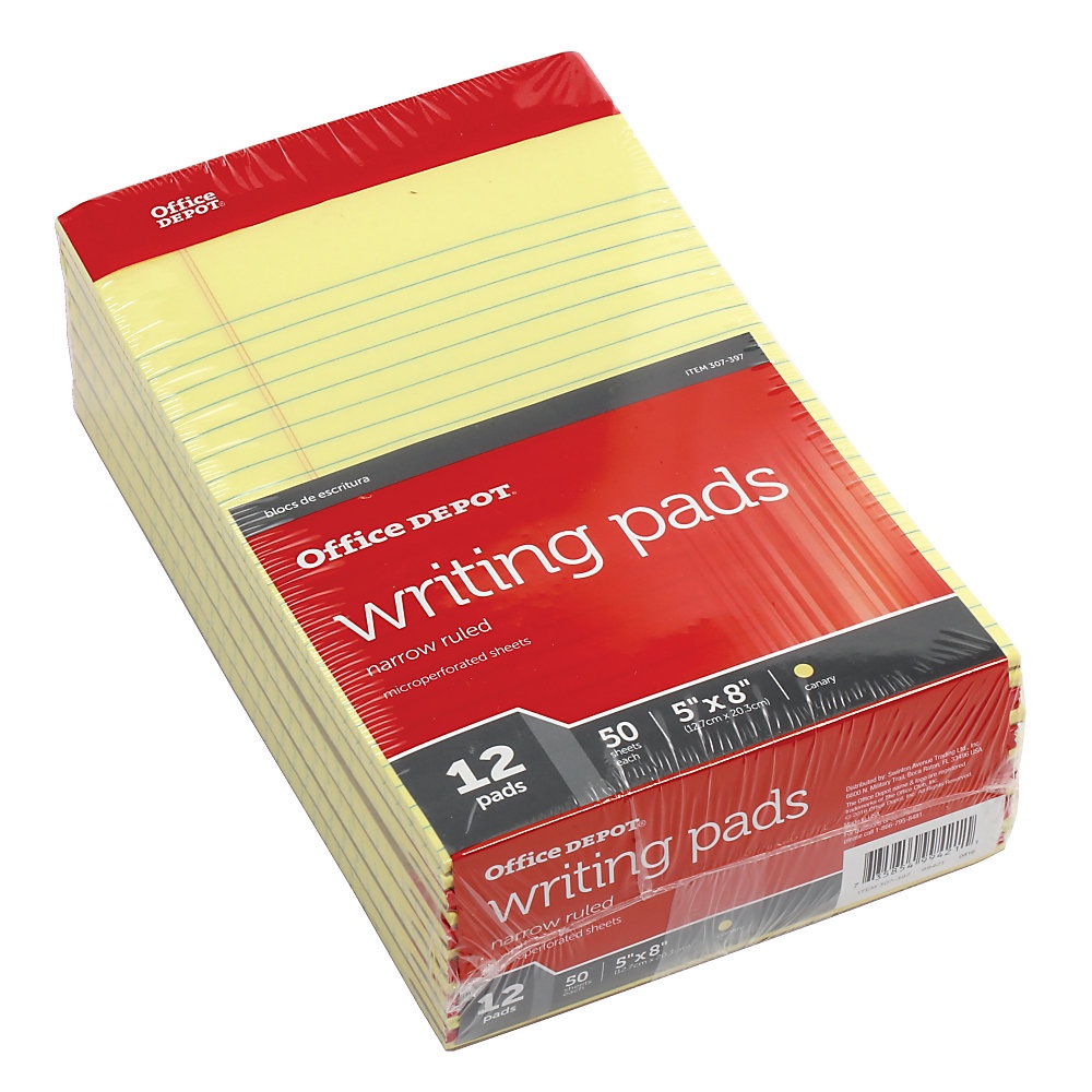 slide 1 of 1, Office Depot Brand Perforated Writing Pads, 5'' X 8'', Narrow Ruled, 50 Sheets, Canary, Pack Of 12 Pads, 12 ct