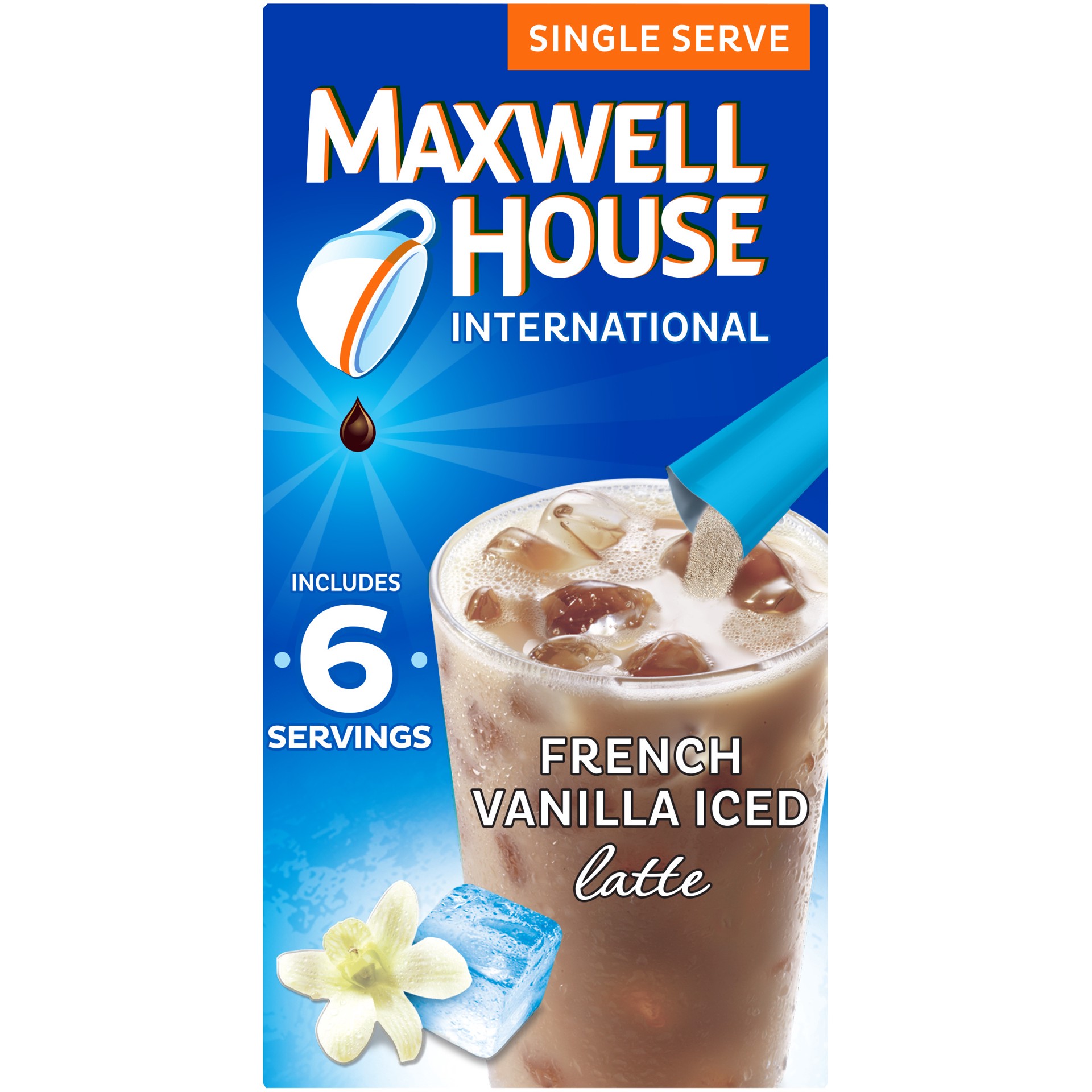 slide 1 of 6, Maxwell House French Vanilla Iced Latte Café-Style Single Serve Instant Coffee Beverage Mix, 6 ct. Sticks, 6 ct