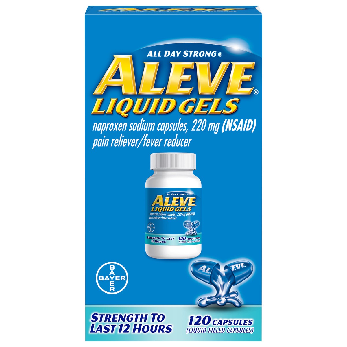 slide 1 of 10, Aleve All Day Strong Liquid Gels 220 mg Pain Reliever/Fever Reducer Capsules 120 ea, 120 ct