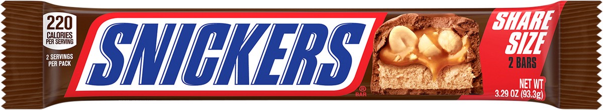 slide 1 of 8, SNICKERS, Milk Chocolate Candy Bars, Sharing Size, 3.29 Oz, 2 ct