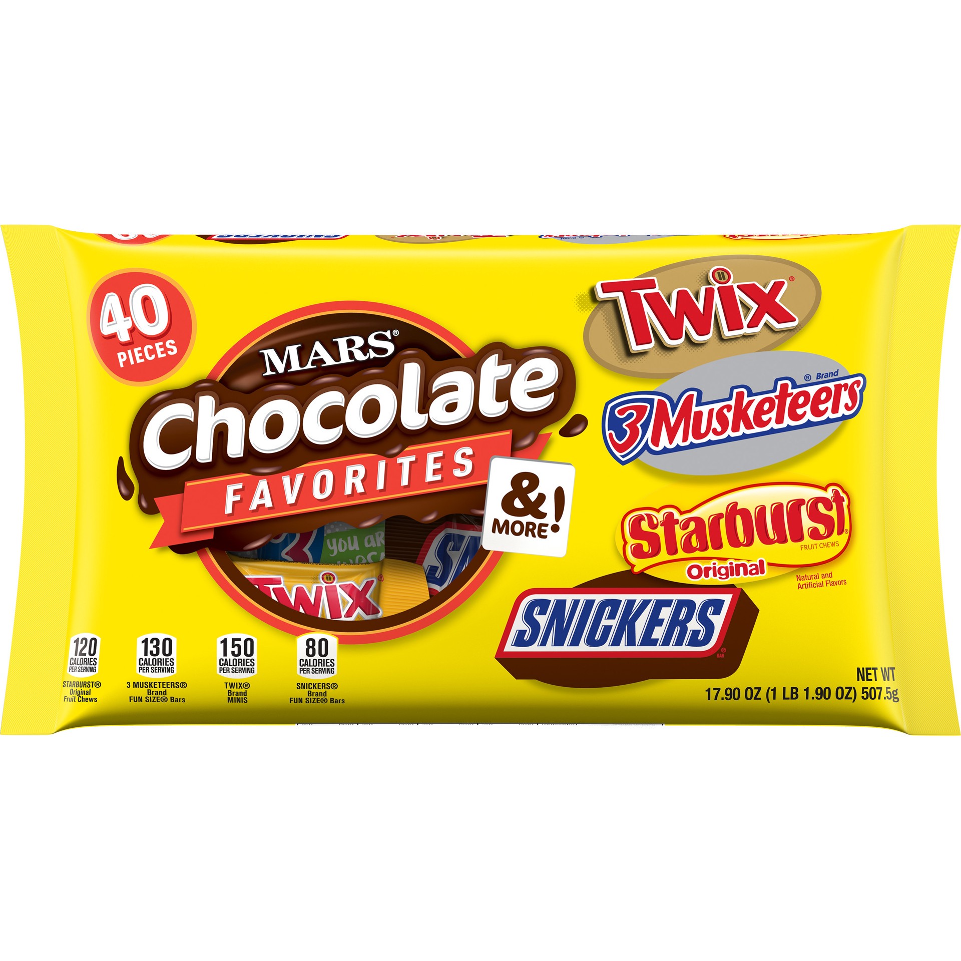 slide 1 of 8, Mixed SNICKERS, TWIX, 3 MUSKETEERS & STARBURST, Chocolate Candy Variety Mix Bag, 17.9 Oz, 40 Ct, 17.9 oz