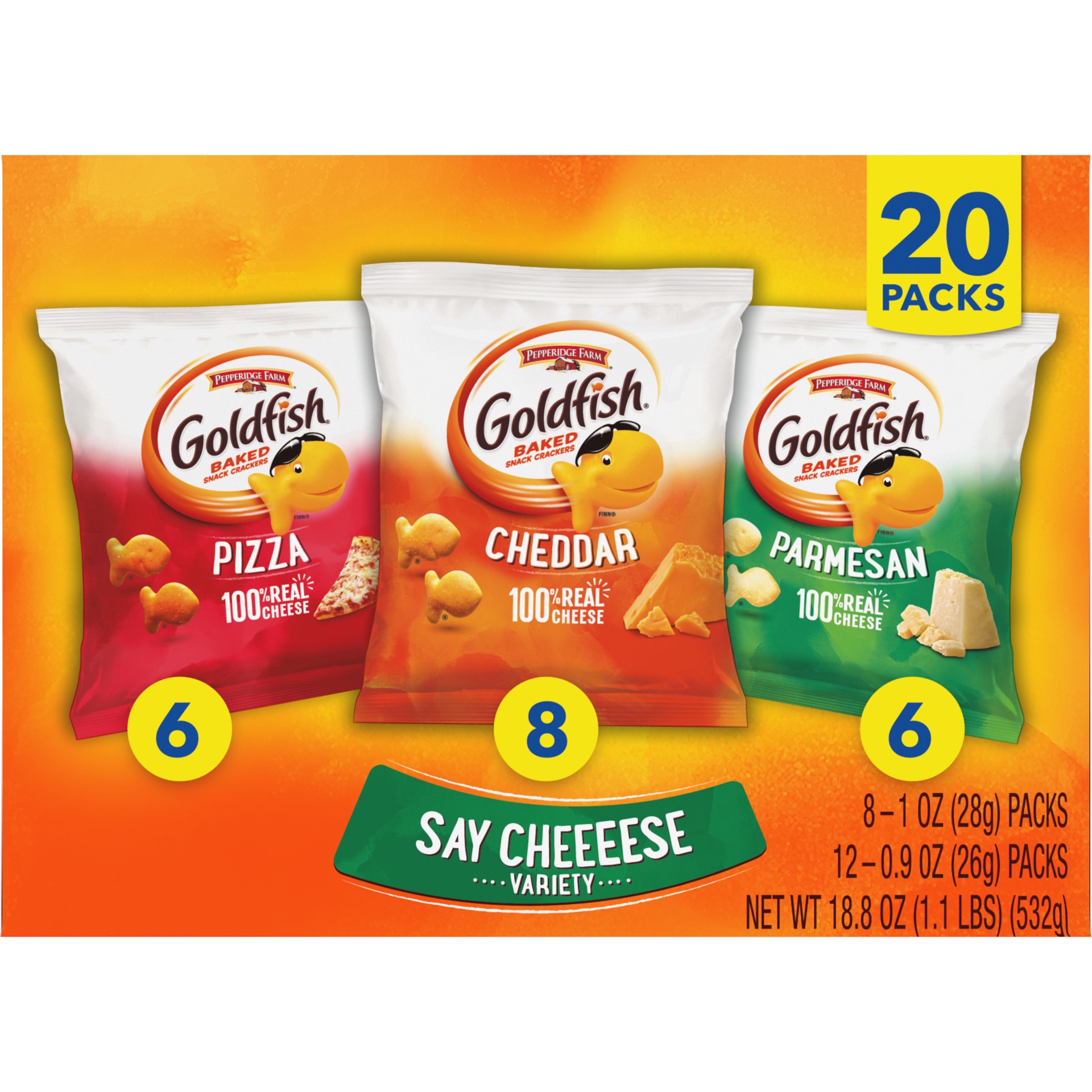 slide 6 of 9, Pepperidge Farm Goldfish Crackers Say Cheeeese Variety Pack with Cheddar, Pizza and Parmesan, Snack Packs, 20 Ct, 18.8 oz