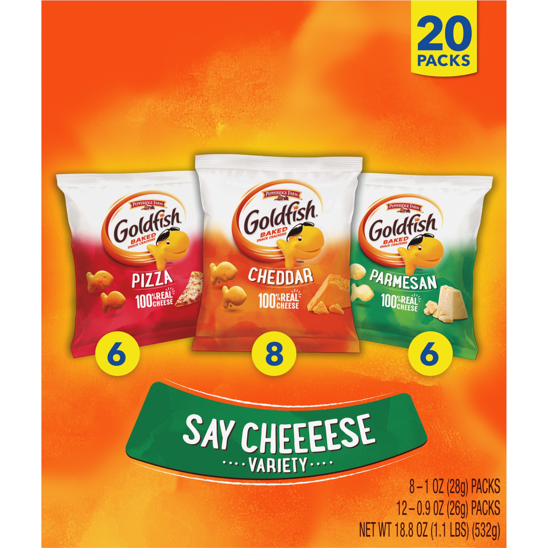 slide 4 of 9, Pepperidge Farm Goldfish Crackers Say Cheeeese Variety Pack with Cheddar, Pizza and Parmesan, Snack Packs, 20 Ct, 18.8 oz