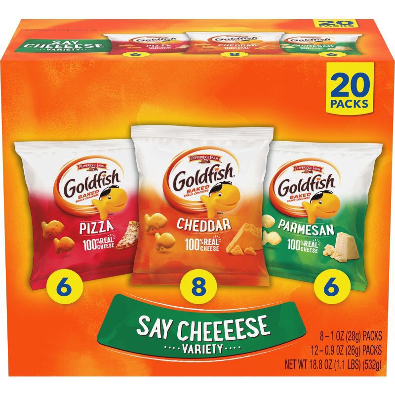 slide 1 of 9, Pepperidge Farm Goldfish Crackers Say Cheeeese Variety Pack with Cheddar, Pizza and Parmesan, Snack Packs, 20 Ct, 18.8 oz