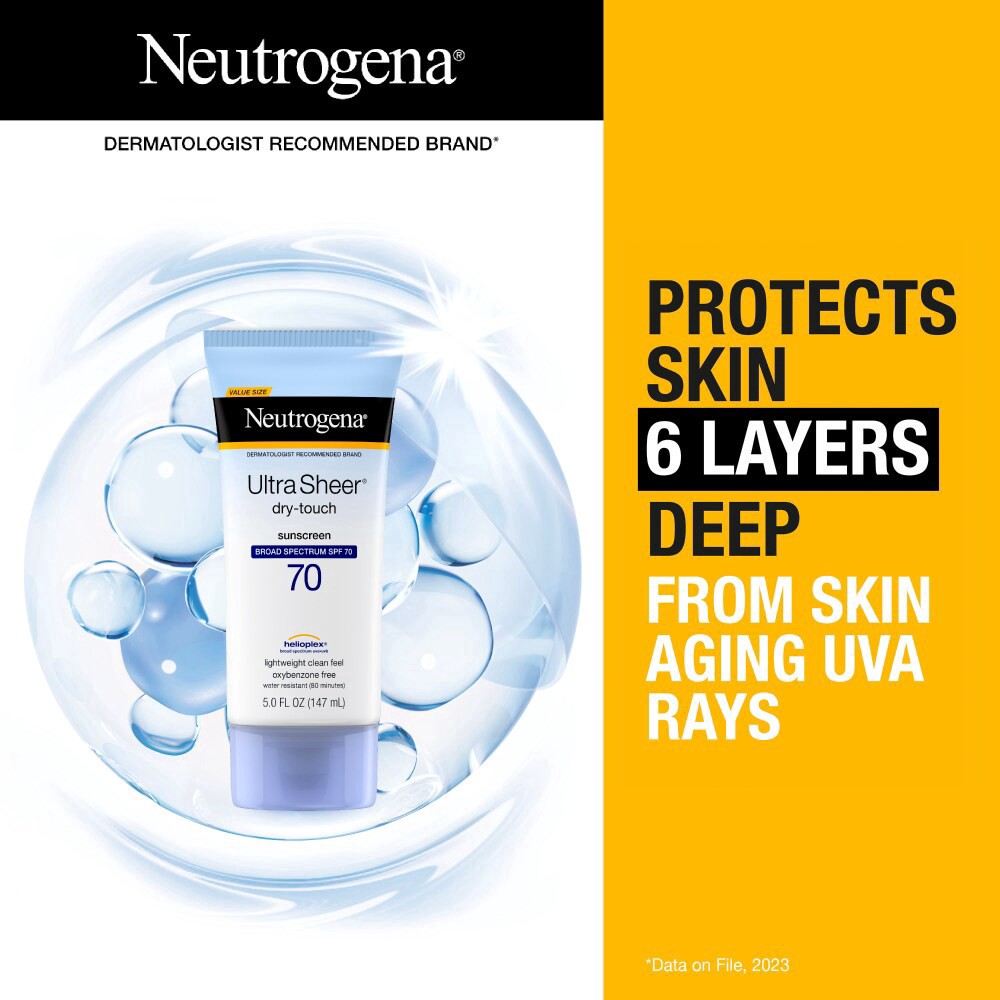 slide 5 of 6, Neutrogena Ultra Sheer Dry-Touch SPF 70 Sunscreen Lotion, 5 fl. oz, 5 oz