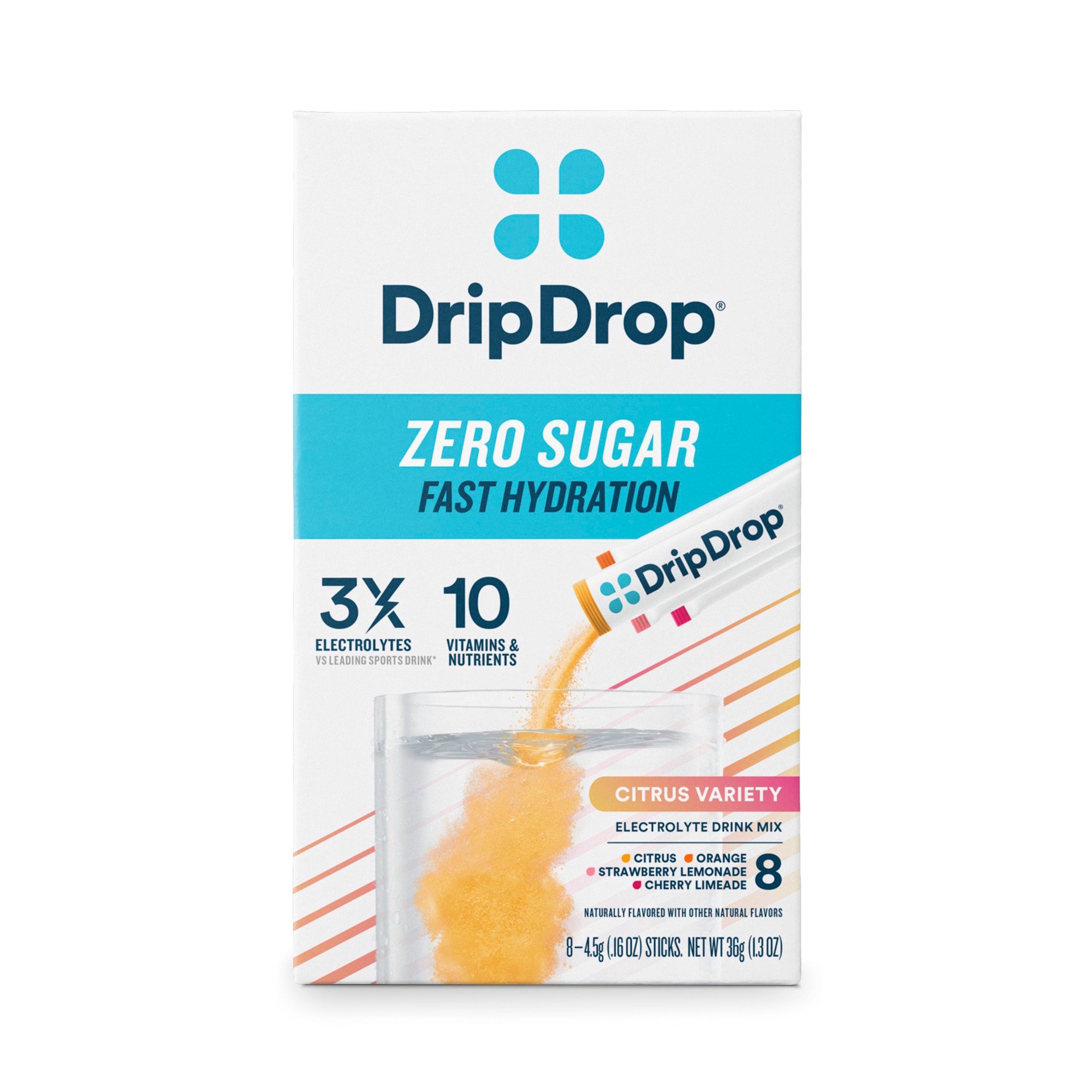 slide 1 of 1, DripDrop Zero Sugar Hydration Citrus Variety Electrolyte Drink Mix 8 - 0.16 oz Sticks, 8 ct