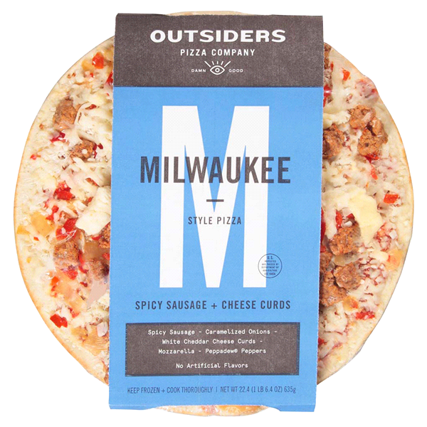 slide 1 of 6, Outsiders Pizza Company Milwaukee Sausage & Cheese Curds Frozen Pizza, 22.4 oz