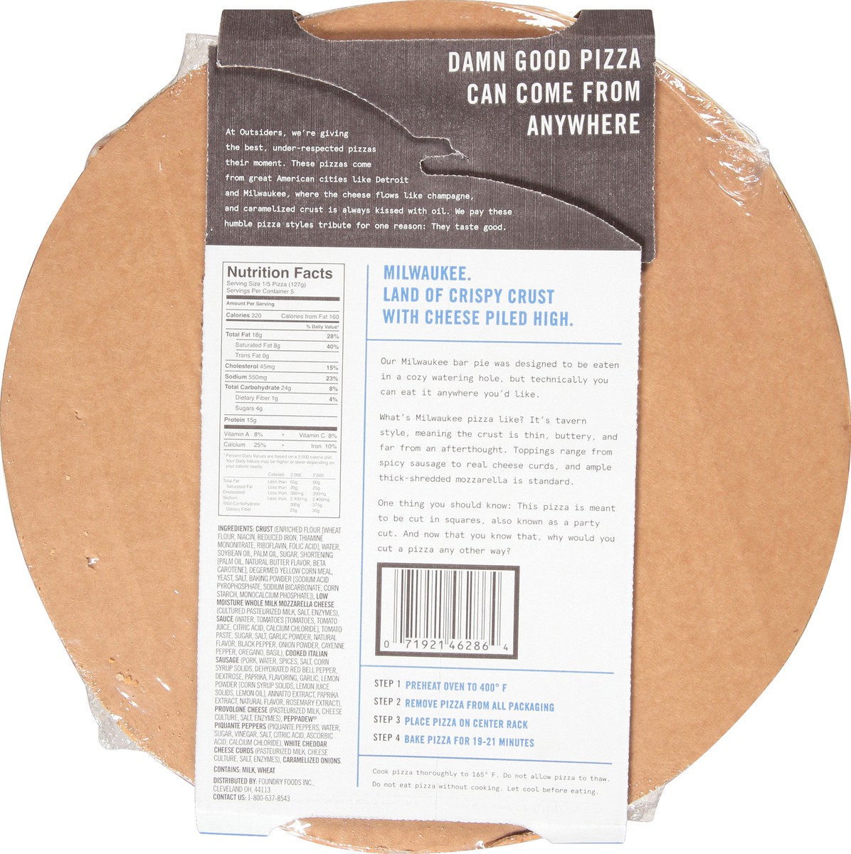 slide 6 of 6, Outsiders Pizza Company Milwaukee Sausage & Cheese Curds Frozen Pizza, 22.4 oz