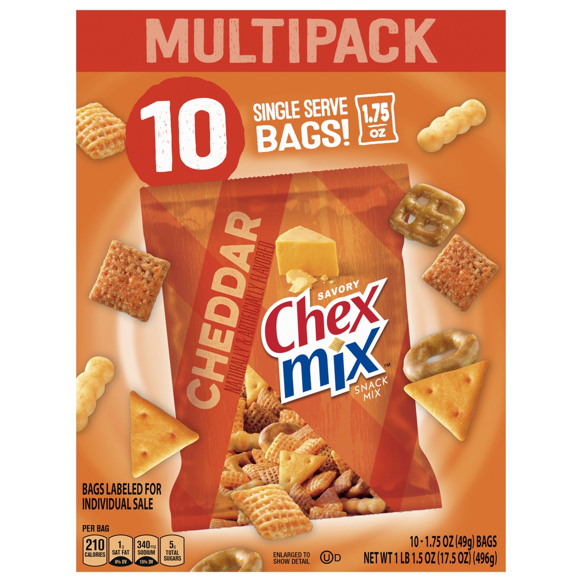 slide 1 of 1, Chex Mix Snack Mix, Cheddar, Savory Snack Bags, Multipack, 1.75 oz, 10 ct, 10 ct