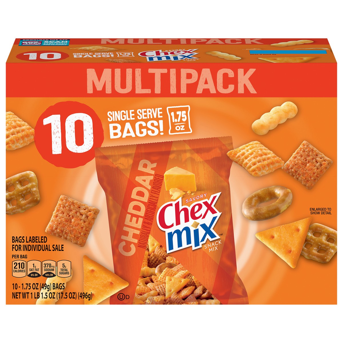 slide 1 of 1, Chex Mix Snack Mix, Cheddar, Savory Snack Bags, Multipack, 1.75 oz, 10 ct, 10 ct; 1.75 oz