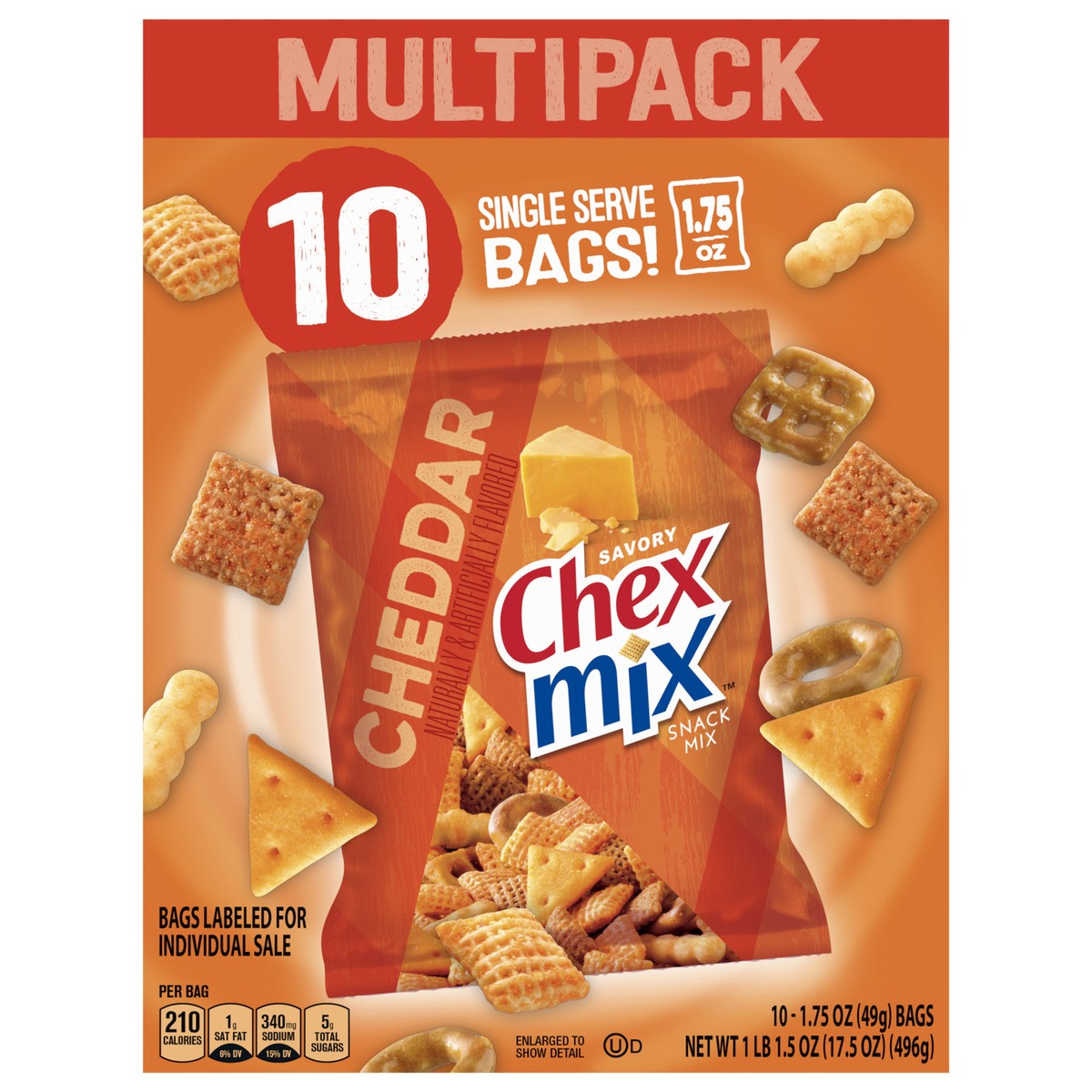 slide 1 of 6, Chex Mix Cheddar Snack Mix, Single Serve Snack Bags, Multipack, 10 Ct, 17.5 oz, 10 ct