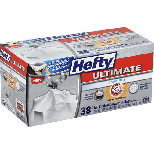 slide 1 of 1, Hefty Ultimate Flex Scent Free Tall Kitchen Drawstring 13 Gallon Garbage Bags, 38 ct; 13 gal