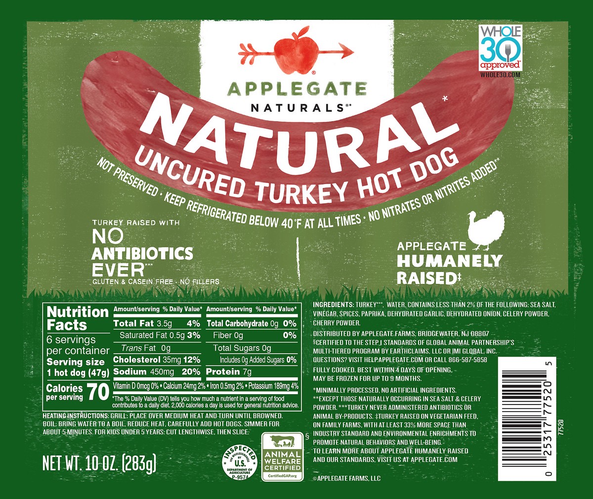 slide 1 of 3, Applegate Natural Uncured Turkey Hot Dog - 10oz, 