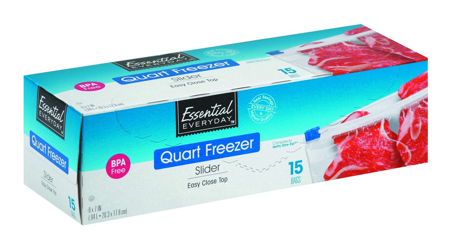 slide 1 of 1, Essential Everyday Freezer Quart Slider Storage Bags, 15 ct