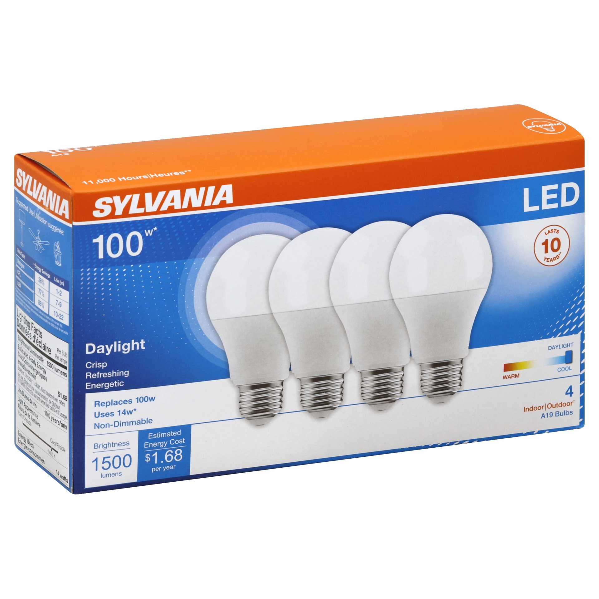 slide 1 of 1, Sylvania A19 LED 100 Watt Daylight Eco, 4 ct