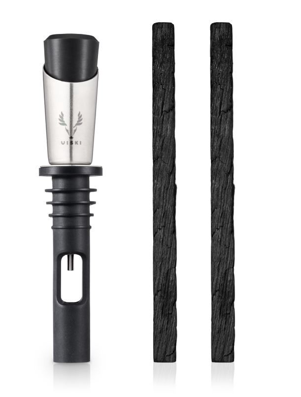 slide 1 of 1, Viski Liquor Aging Kit, 2 Charred Oak Wood Sticks with Stopper Pourer, Stainless Steel, Silicon, 1 ct