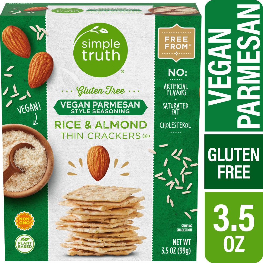 slide 1 of 5, Simple Truth Vegan Parmesan Rice & Almond Thin Crackers, 3.5 oz