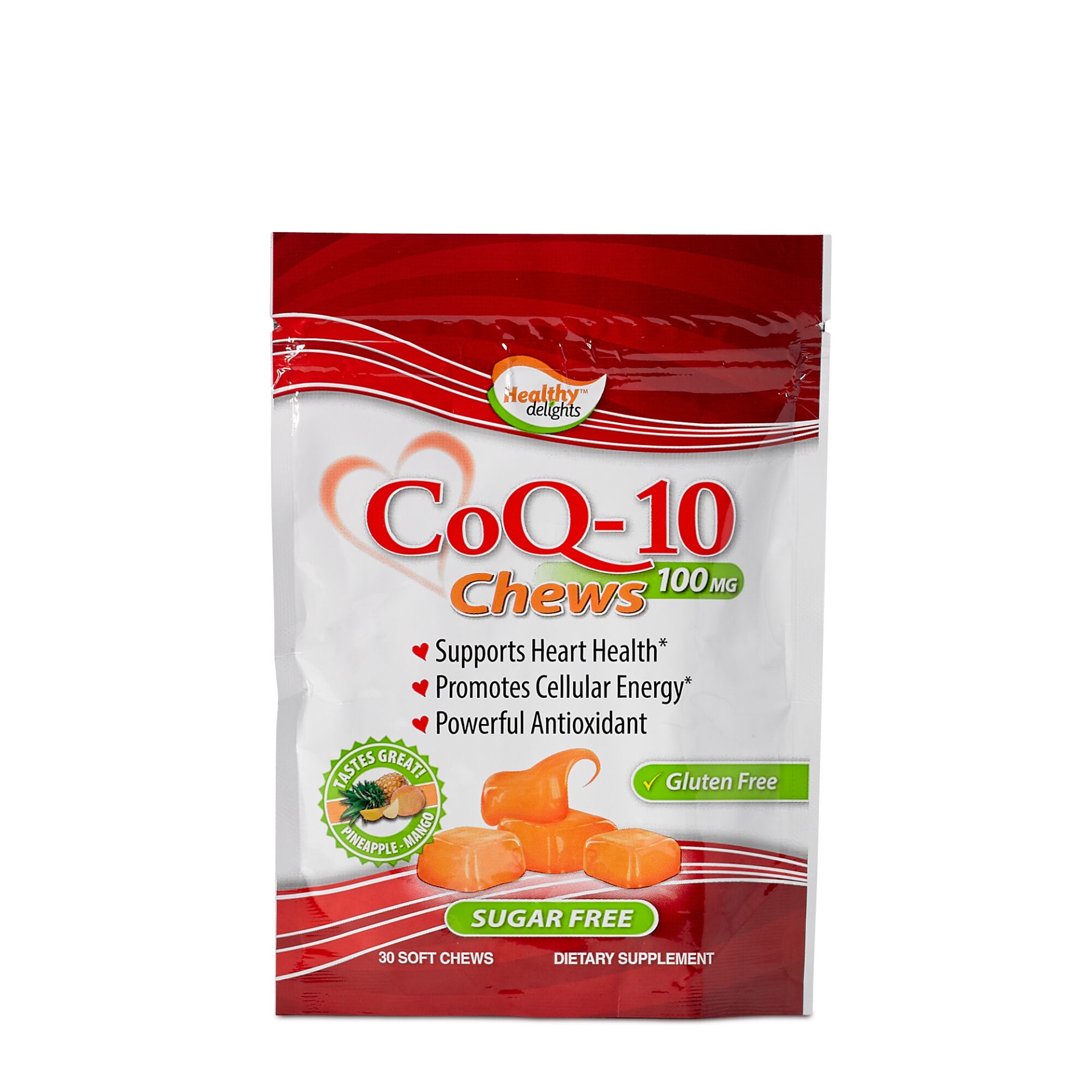 slide 1 of 1, Healthy Delights CoQ-10 100 mg Chews - Pineapple and Mango, 30 ct