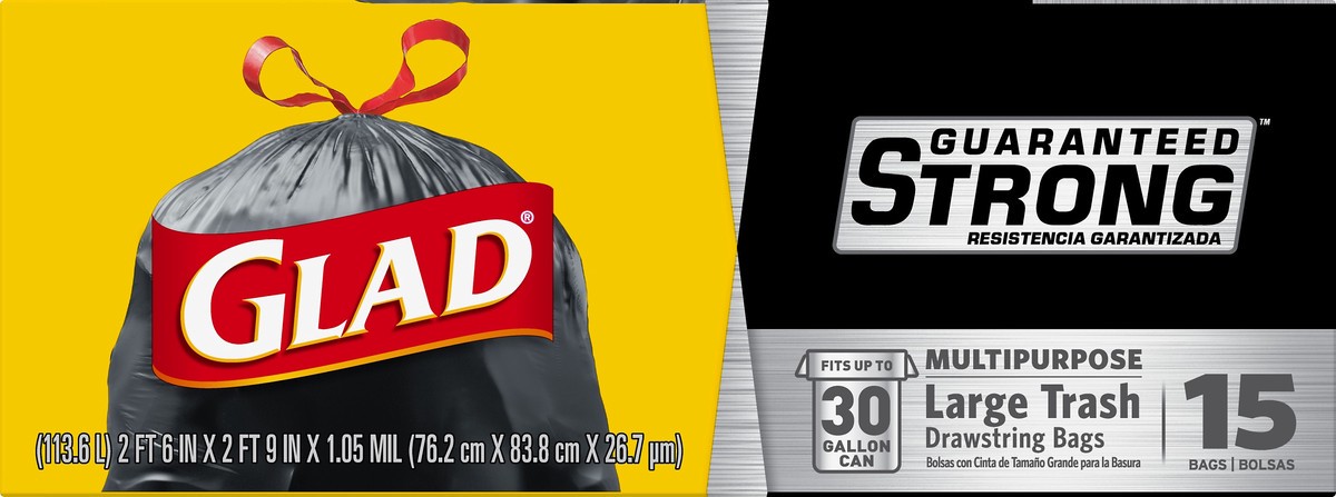 slide 1 of 5, Glad 30 Gallon Large Drawstring Multipurpose Trash Bags 15 ea, 15 ct