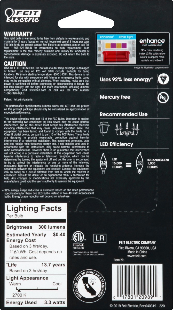 slide 3 of 10, Feit Electric Enhance LED 3.3 Watts Soft White Light Bulbs 2 ea, 2 ct