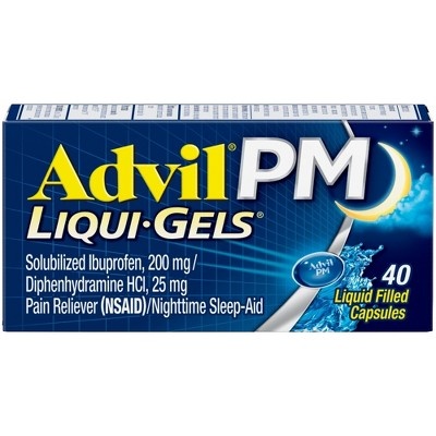 slide 1 of 2, Advil PM Liqui-Gels Pain Reliever/Nighttime Sleep Aid Liquid Filled Capsule Ibuprofen Diphenhydramine, 40 ct