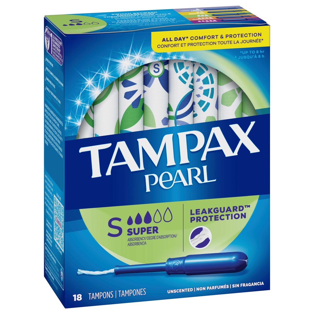 slide 2 of 5, Tampax Pearl Tampons Super Absorbency with BPA-Free Plastic Applicator and LeakGuard Braid, Unscented, 18 Count, 18 ct