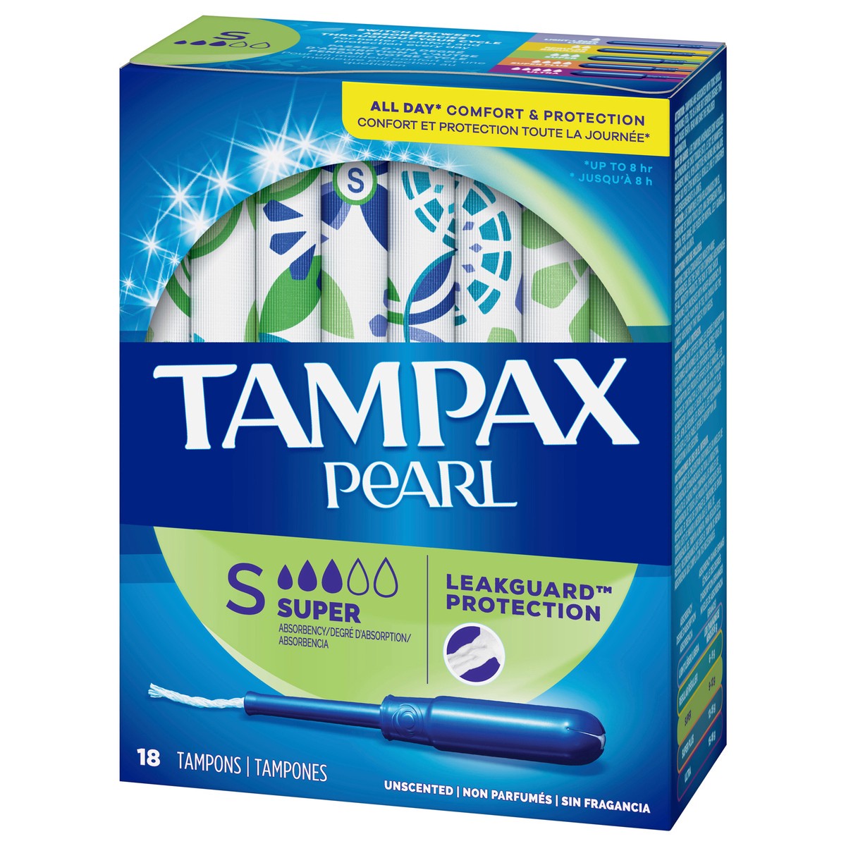 slide 3 of 5, Tampax Pearl Tampons Super Absorbency with BPA-Free Plastic Applicator and LeakGuard Braid, Unscented, 18 Count, 18 ct