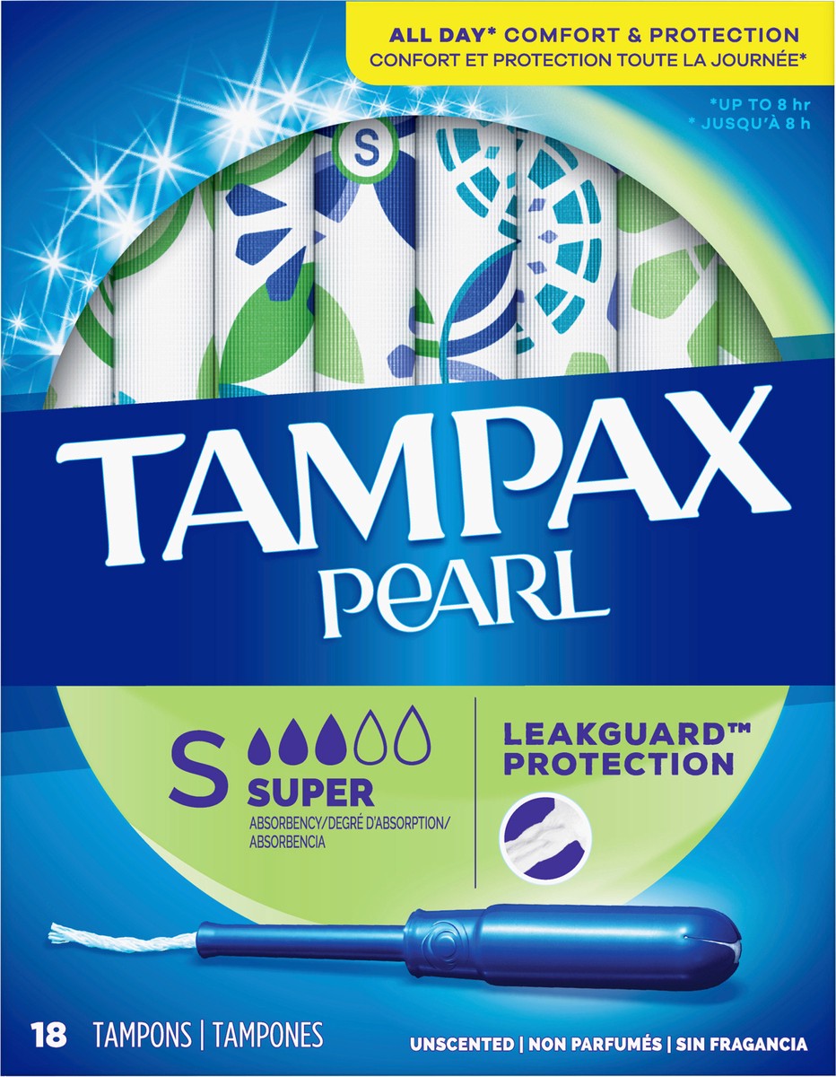 slide 5 of 5, Tampax Pearl Tampons Super Absorbency with BPA-Free Plastic Applicator and LeakGuard Braid, Unscented, 18 Count, 18 ct
