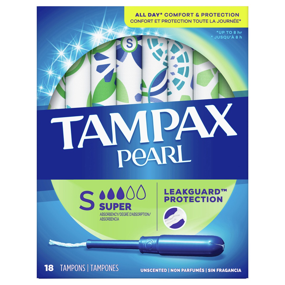 slide 1 of 5, Tampax Pearl Tampons Super Absorbency with BPA-Free Plastic Applicator and LeakGuard Braid, Unscented, 18 Count, 18 ct