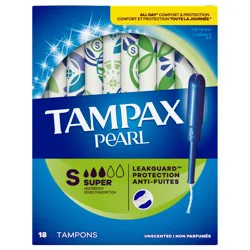 Tampax Pearl Tampons, with LeakGuard Braid, Super Absorbency, Unscented, 18 Count