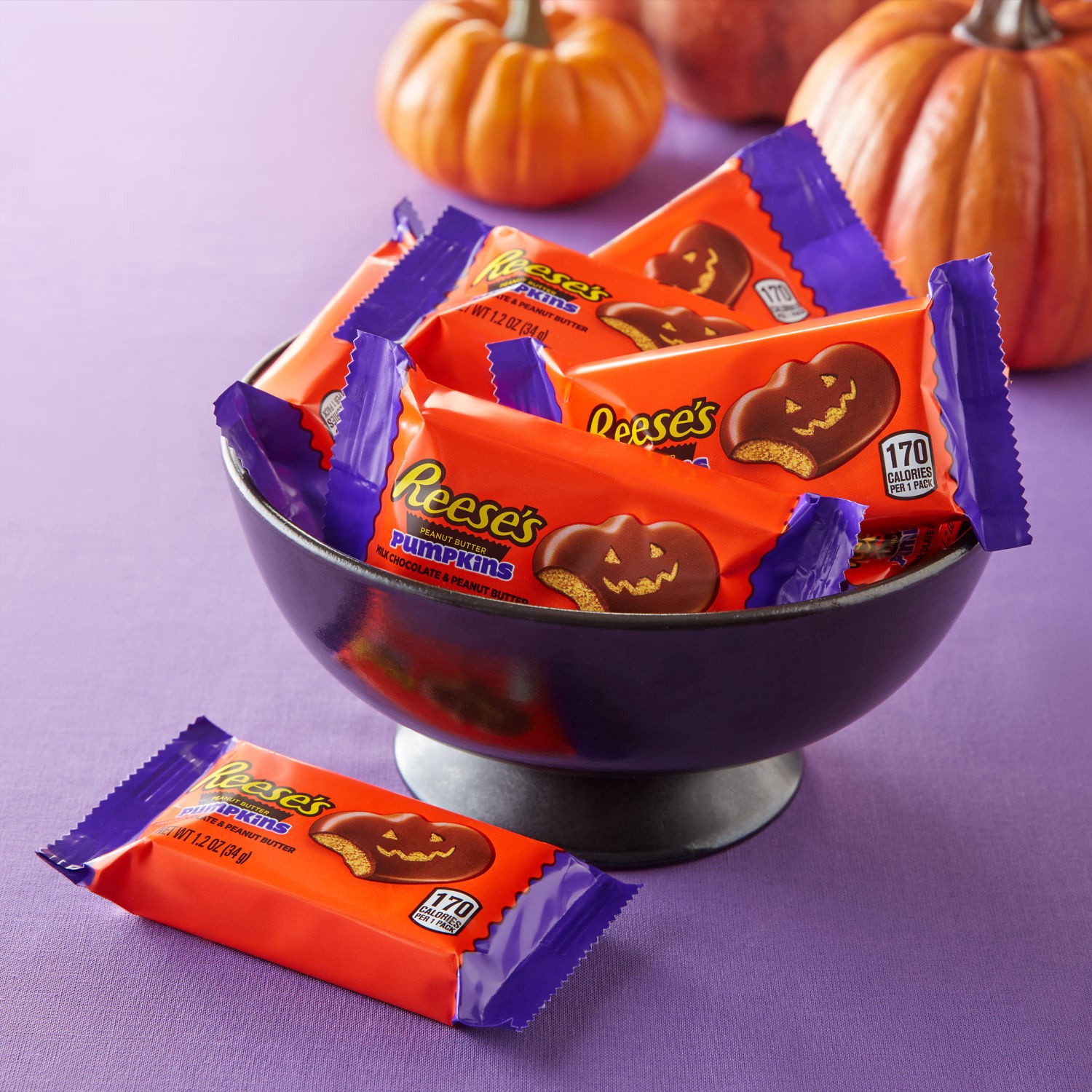 slide 4 of 9, REESE'S Milk Chocolate Peanut Butter Pumpkins, Halloween Candy Pack, 1.2 oz, 1.2 oz