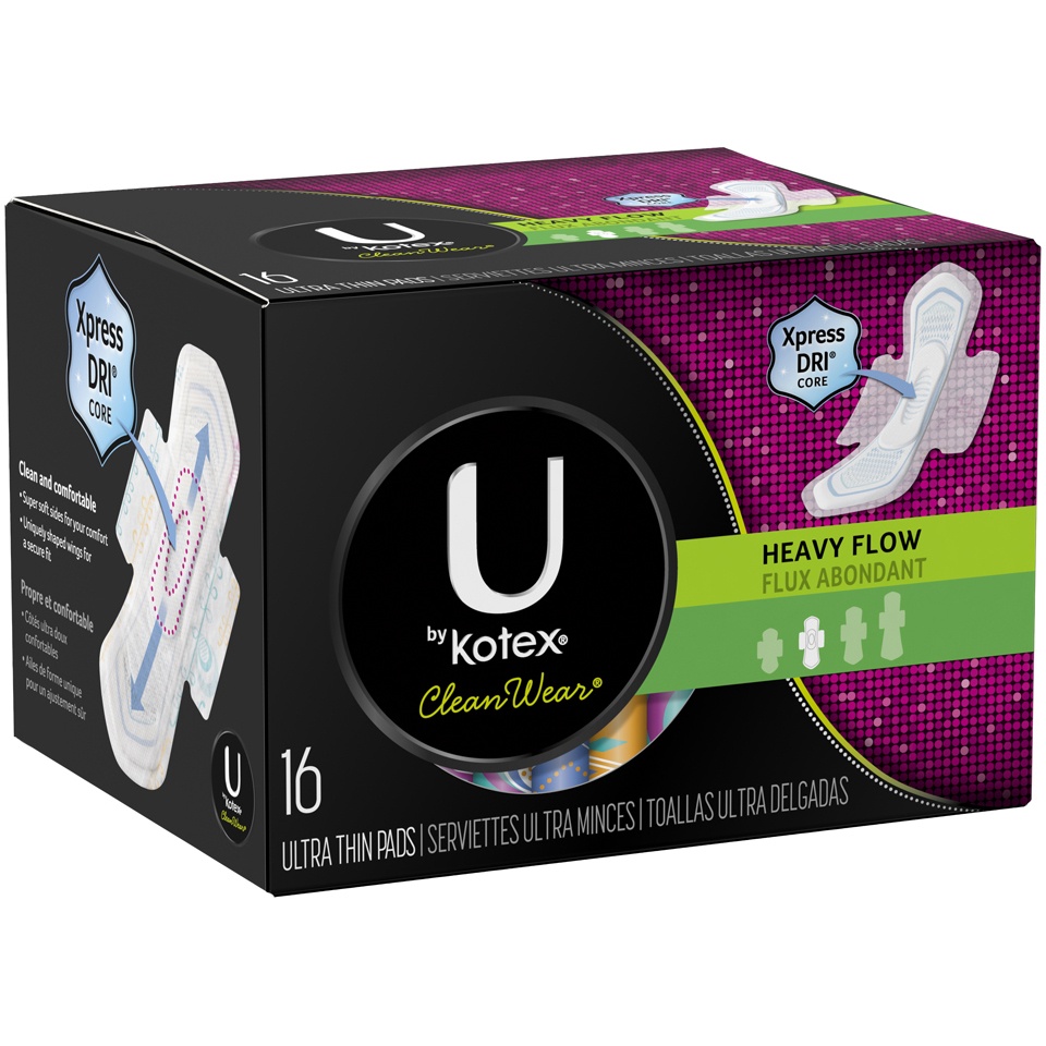slide 2 of 3, Kotex Clean Wear Ultra Thin Heavy Flow Pads With Wings, 16 ct