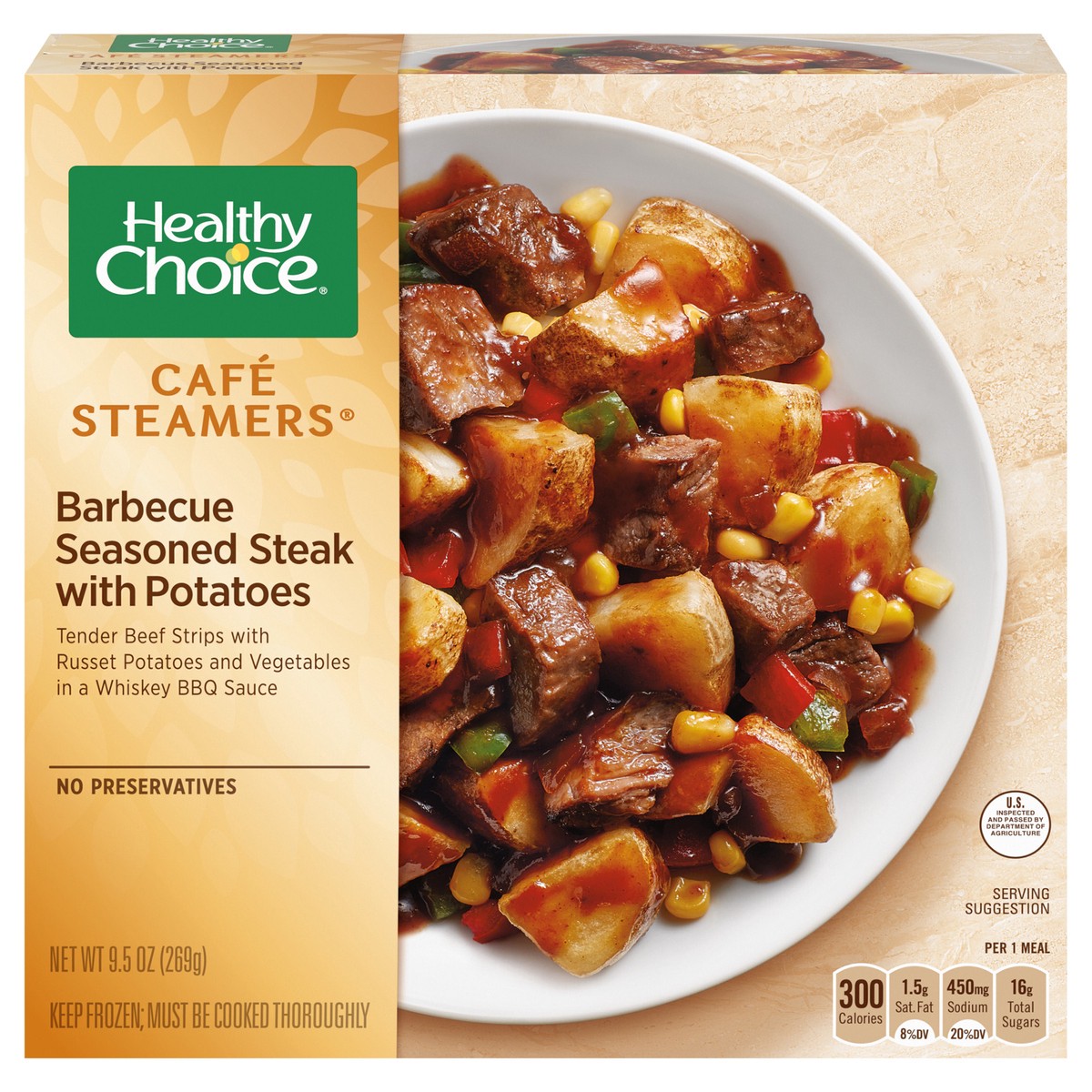 slide 1 of 9, Healthy Choice Café Steamers Barbecue Seasoned Steak With Potatoes Frozen Meal, 9.5 oz., 9.50 oz