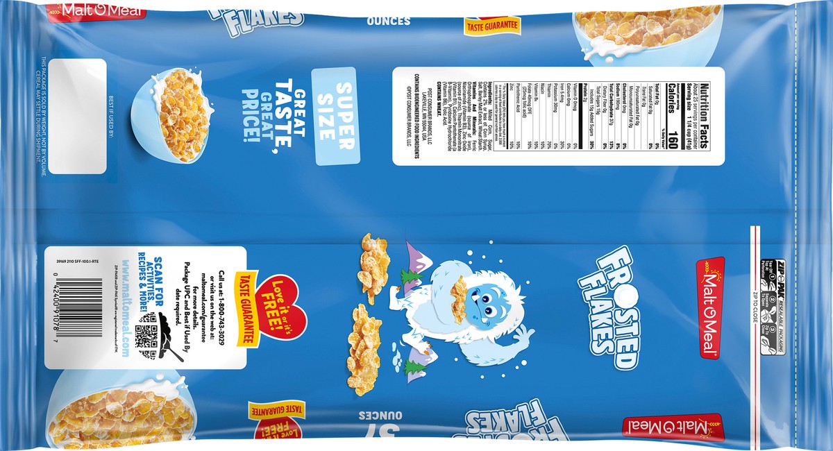 slide 2 of 7, Malt-O-Meal Frosted Flakes Cereal, Frosty Flakes Breakfast Cereal, 37 OZ Bag, 37 oz