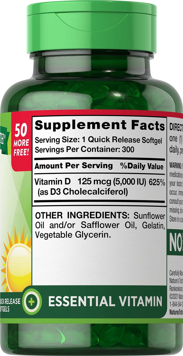 slide 4 of 5, Nature's Truth High Potency Vitamin D3 125 mcg (5,000 IU), 300 ct