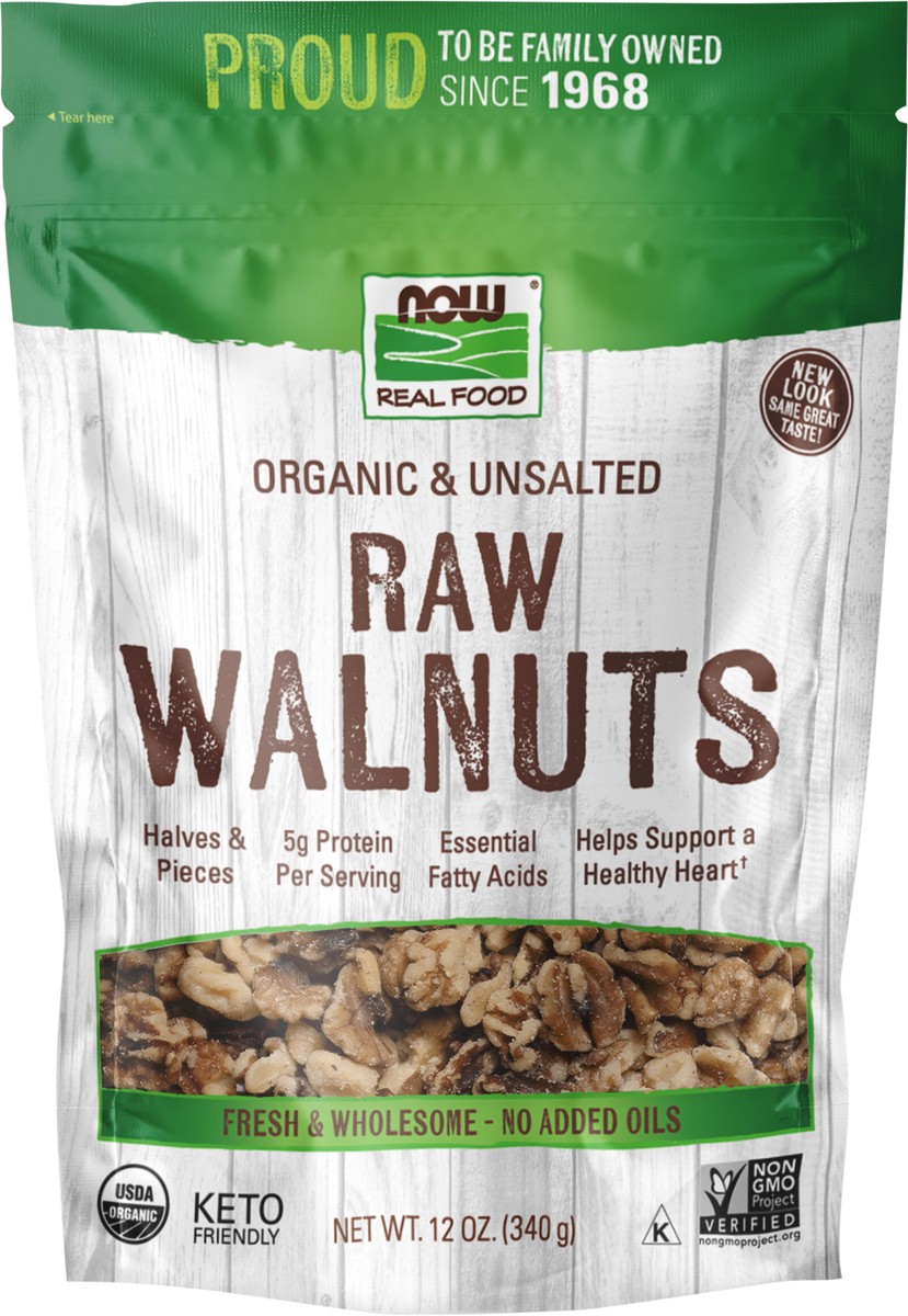 slide 2 of 2, NOW Real Food NOW Foods, Certified Organic Walnuts, Raw and Unsalted, Halves and Pieces, Good Source of Protein and Healthy Fatty Acids, Certified Non-GMO, 12-Ounce (Packaging May Vary), 12 oz