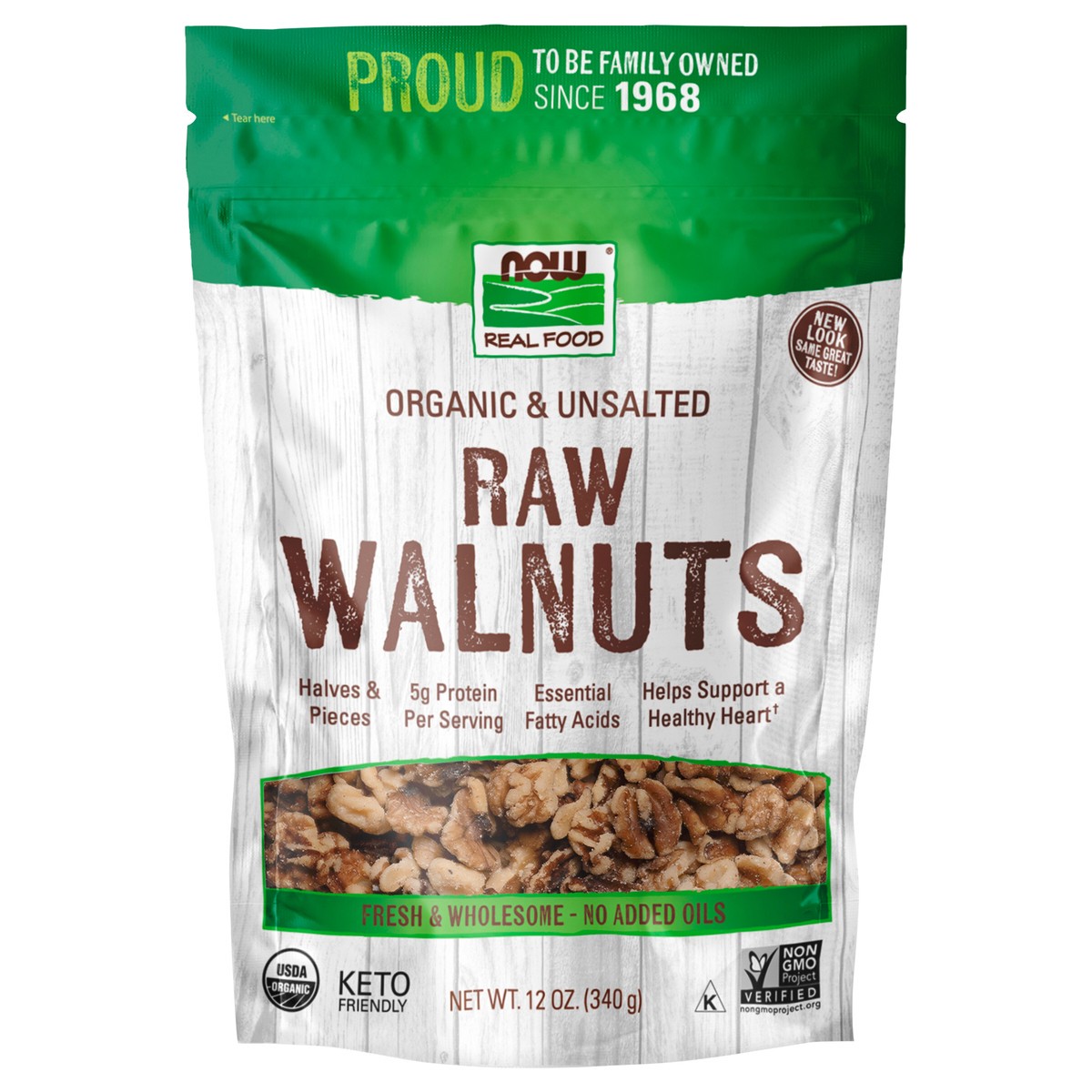 slide 1 of 2, NOW Real Food NOW Foods, Certified Organic Walnuts, Raw and Unsalted, Halves and Pieces, Good Source of Protein and Healthy Fatty Acids, Certified Non-GMO, 12-Ounce (Packaging May Vary), 12 oz