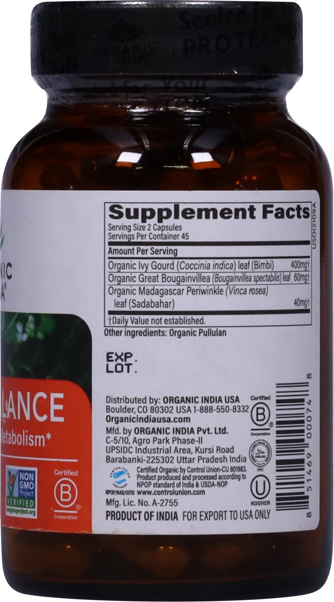 slide 5 of 13, Organic India Sugar Balance 90 Veg Caps, 90 ct