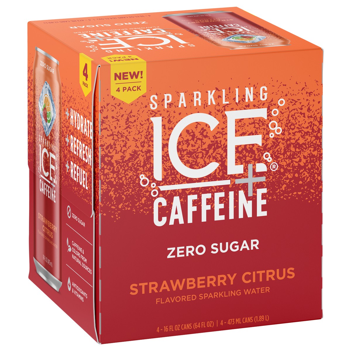 slide 2 of 7, Sparkling ICE + Caffeine 4 Pack Zero Sugar Strawberry Citrus Flavored Sparkling Water 4-16 fl oz Cans, 4 ct; 16 oz