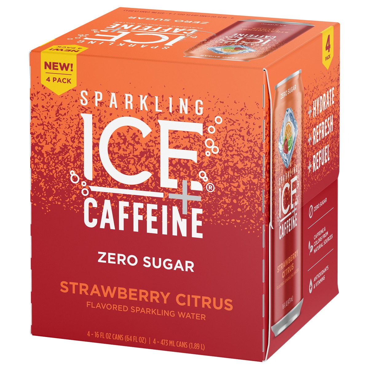 slide 7 of 7, Sparkling ICE + Caffeine 4 Pack Zero Sugar Strawberry Citrus Flavored Sparkling Water 4-16 fl oz Cans, 4 ct; 16 oz