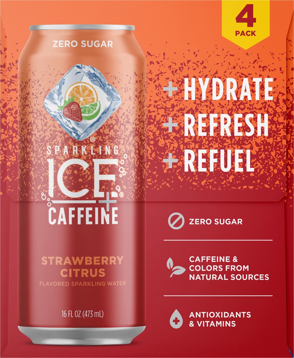 slide 4 of 7, Sparkling ICE + Caffeine 4 Pack Zero Sugar Strawberry Citrus Flavored Sparkling Water 4-16 fl oz Cans, 4 ct; 16 oz