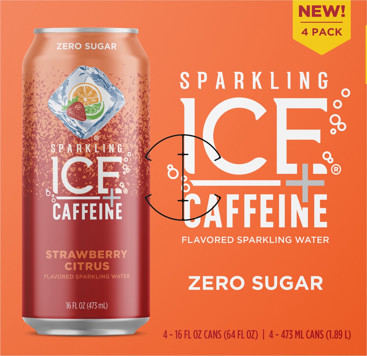 slide 5 of 7, Sparkling ICE + Caffeine 4 Pack Zero Sugar Strawberry Citrus Flavored Sparkling Water 4-16 fl oz Cans, 4 ct; 16 oz
