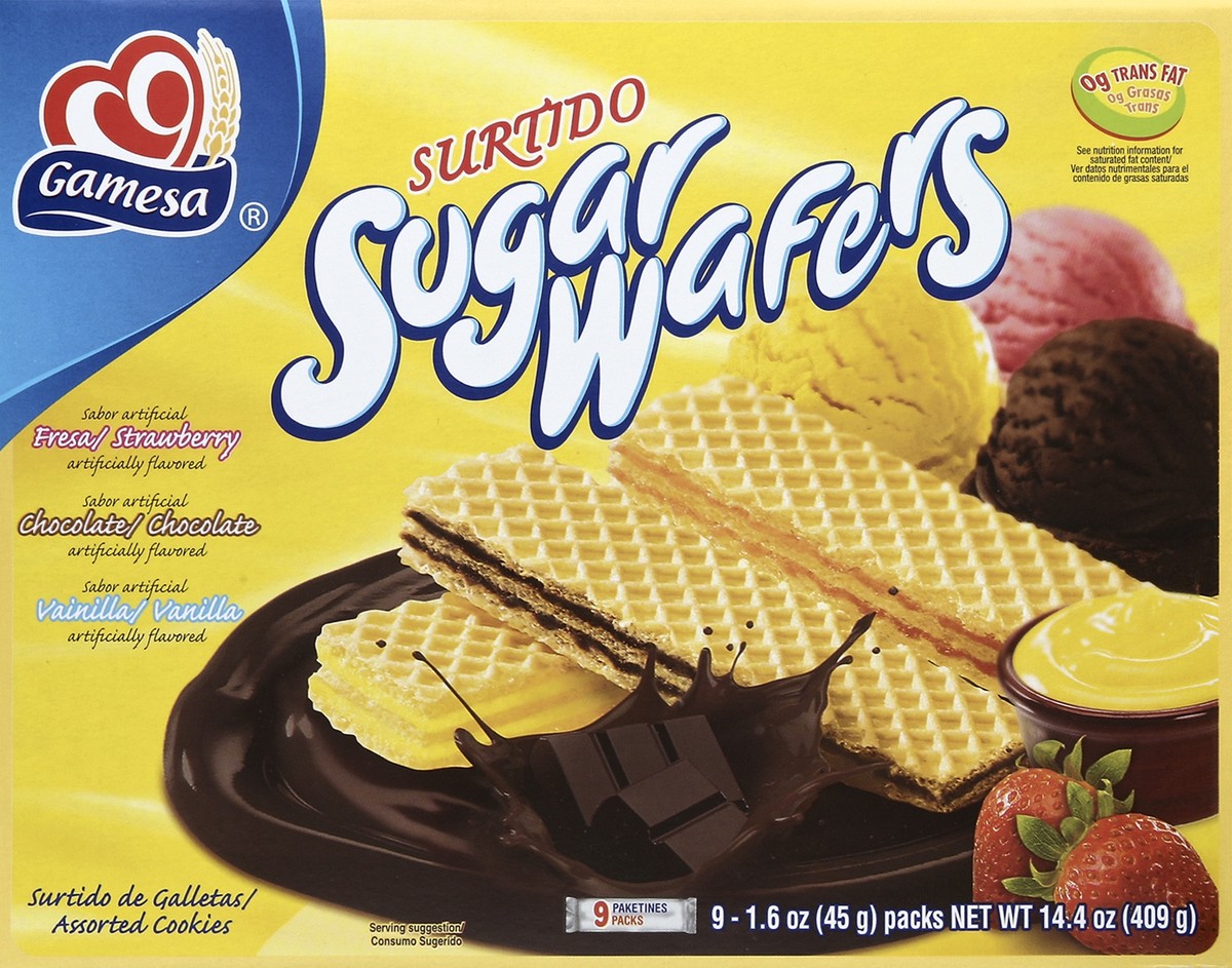 slide 3 of 4, Gamesa Surtido Sugar Wafers Strawberry, Chocolate, Vanilla (9-1.6 Oz) 14.4 Ounces 9 Pack Box, 14.4 oz
