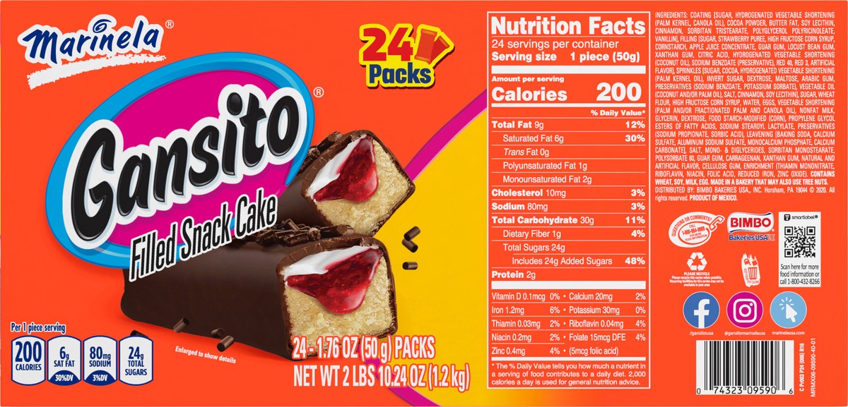 slide 8 of 9, Marinela Gansito Strawberry Filled Snack Cake, 24 packs, Chocolate Flavored Covered Snack Cakes, 42.24 oz Multipack, 24 ct