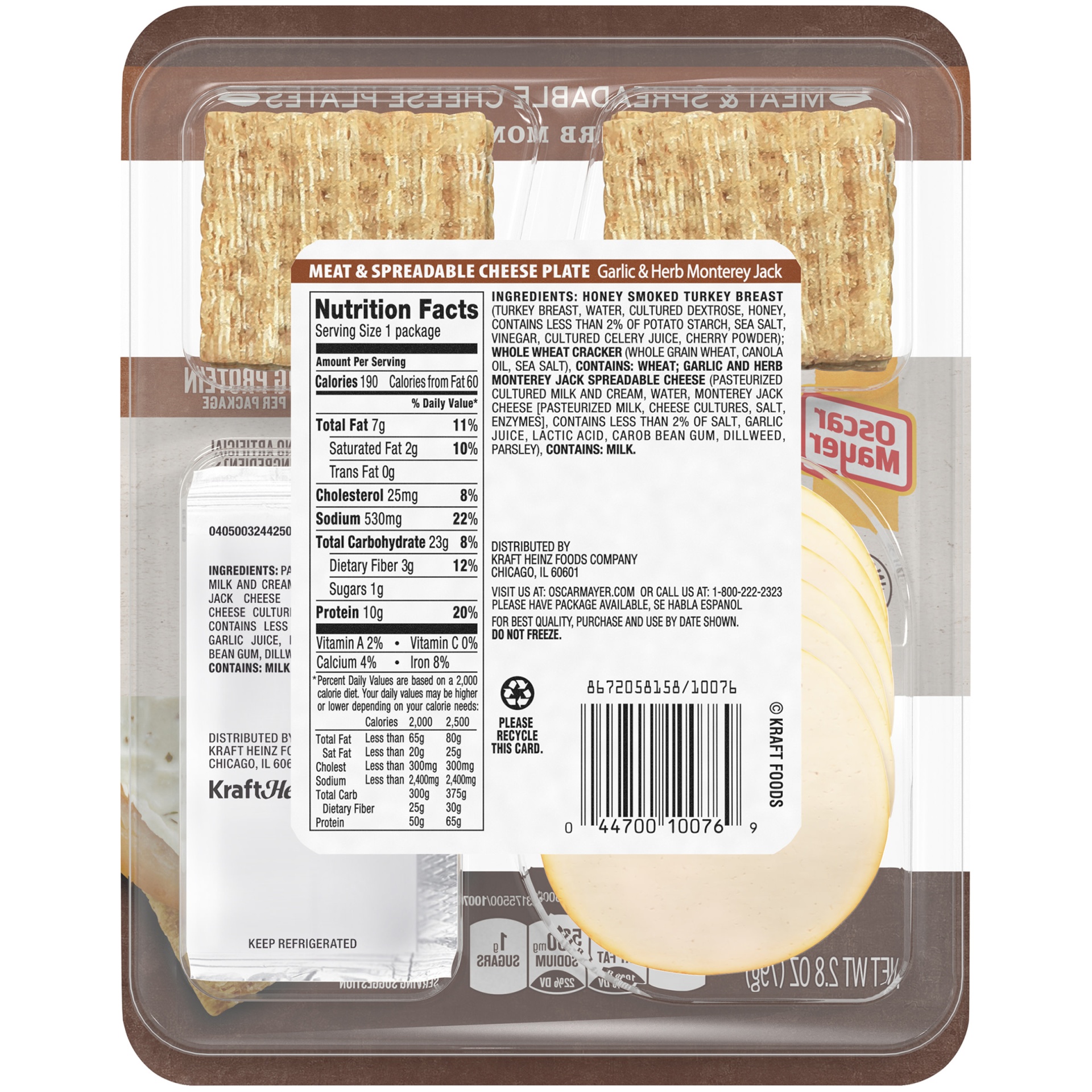 slide 2 of 2, Oscar Mayer Natural Meat & Spreadable Cheese Snack Plate with Honey Smoked Turkey, Garlic Herb & Jack Cheese & Whole Wheat Crackers Tray, 2.8 oz
