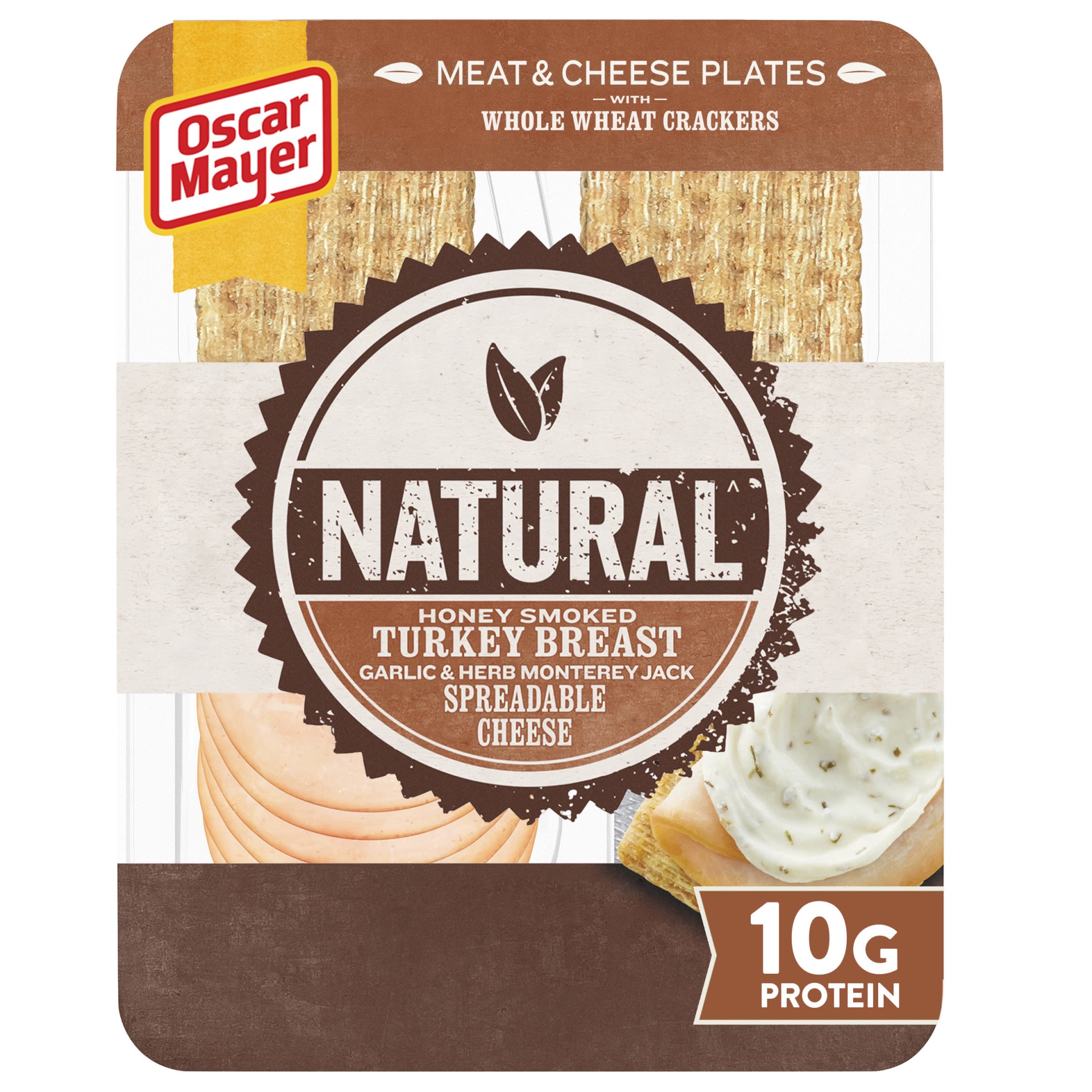 slide 1 of 2, Oscar Mayer Natural Meat & Spreadable Cheese Snack Plate with Honey Smoked Turkey, Garlic Herb & Jack Cheese & Whole Wheat Crackers Tray, 2.8 oz