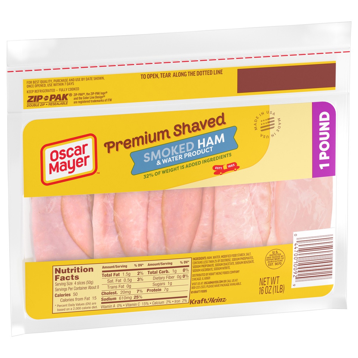 slide 6 of 9, Oscar Mayer Premium Shaved Smoked Ham & Water Product 32% of weight is added ingredients Lunch Meat, 16 oz. Pack, 16 oz