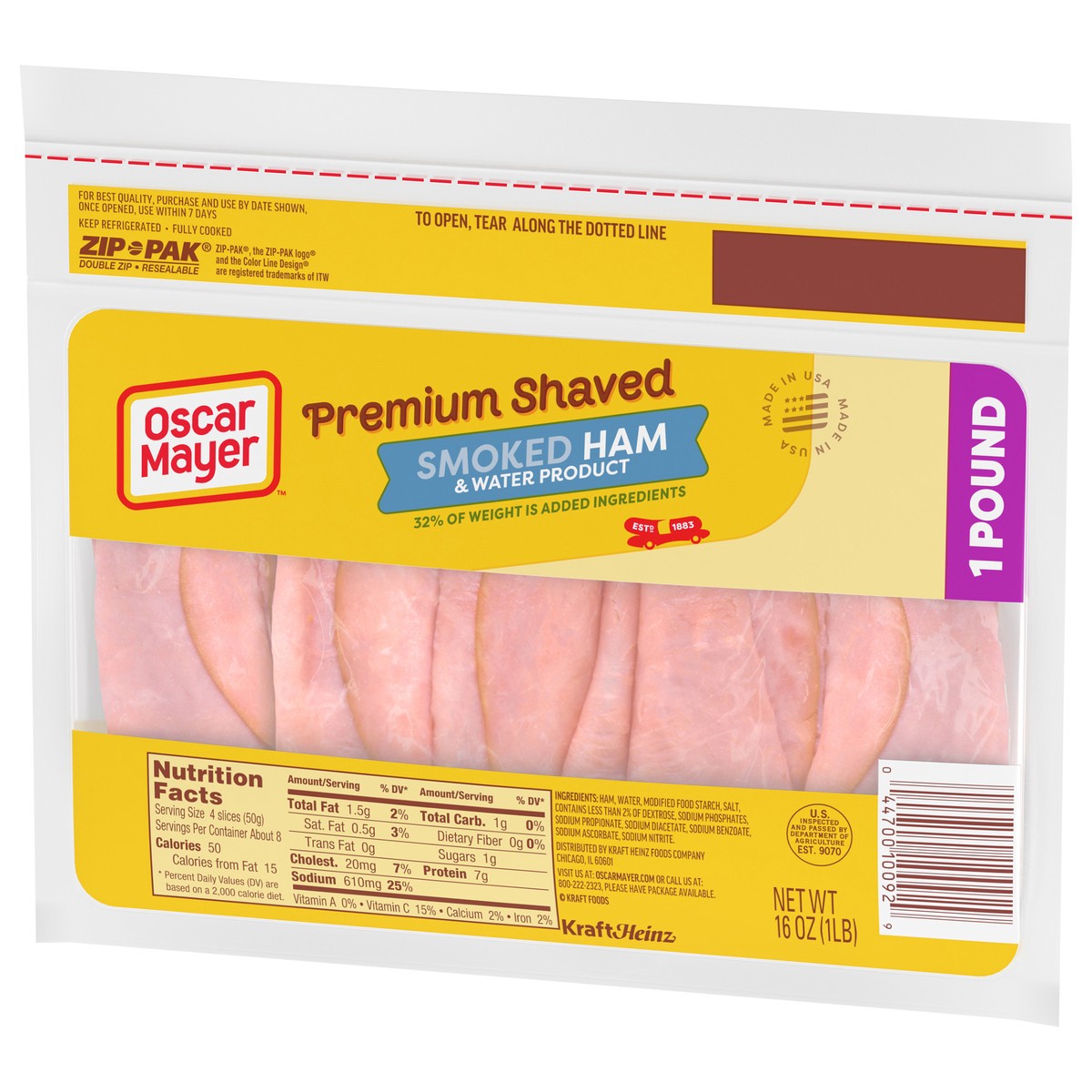 slide 5 of 9, Oscar Mayer Premium Shaved Smoked Ham & Water Product 32% of weight is added ingredients Lunch Meat, 16 oz. Pack, 16 oz