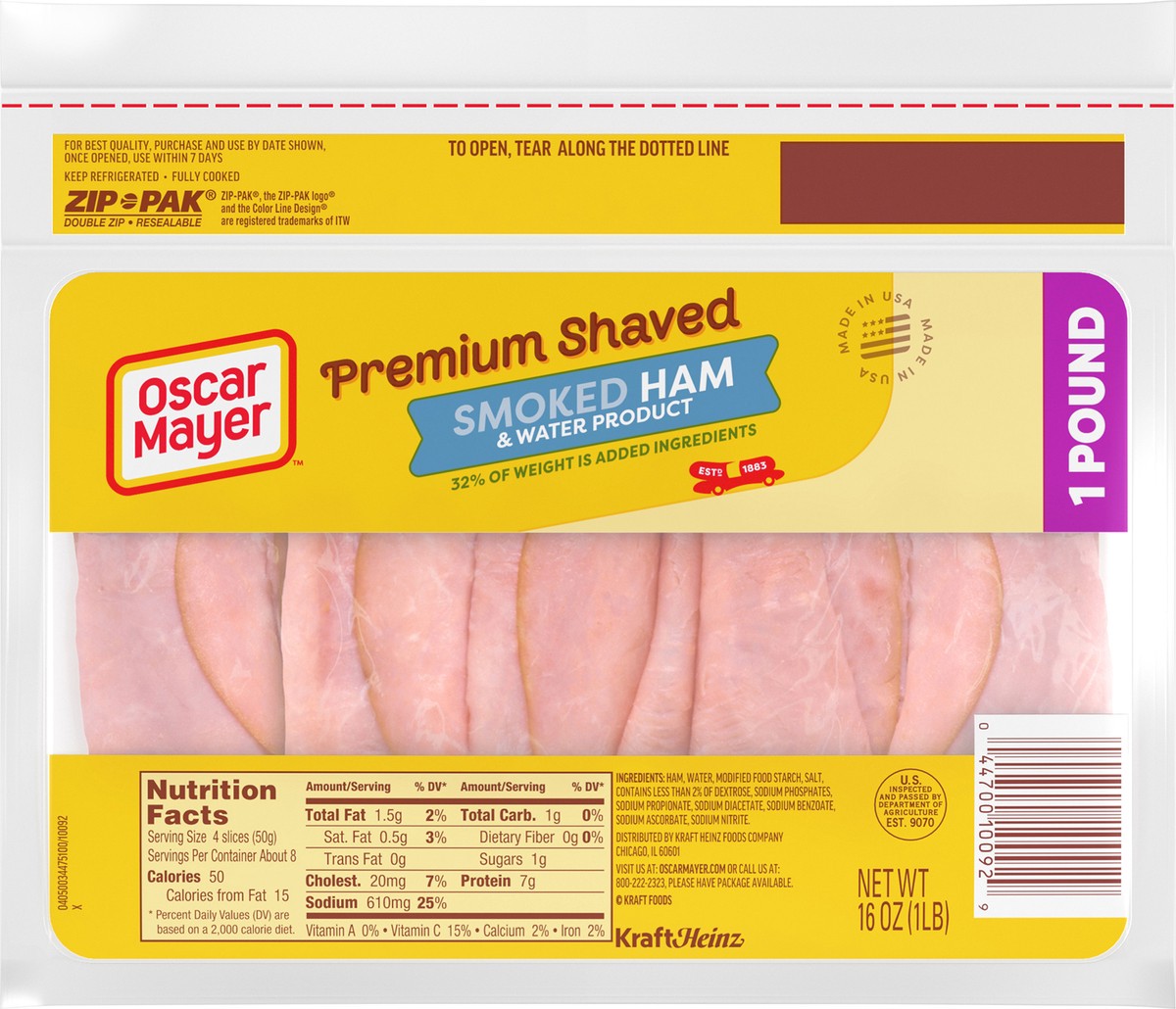 slide 7 of 9, Oscar Mayer Premium Shaved Smoked Ham & Water Product 32% of weight is added ingredients Lunch Meat, 16 oz. Pack, 16 oz